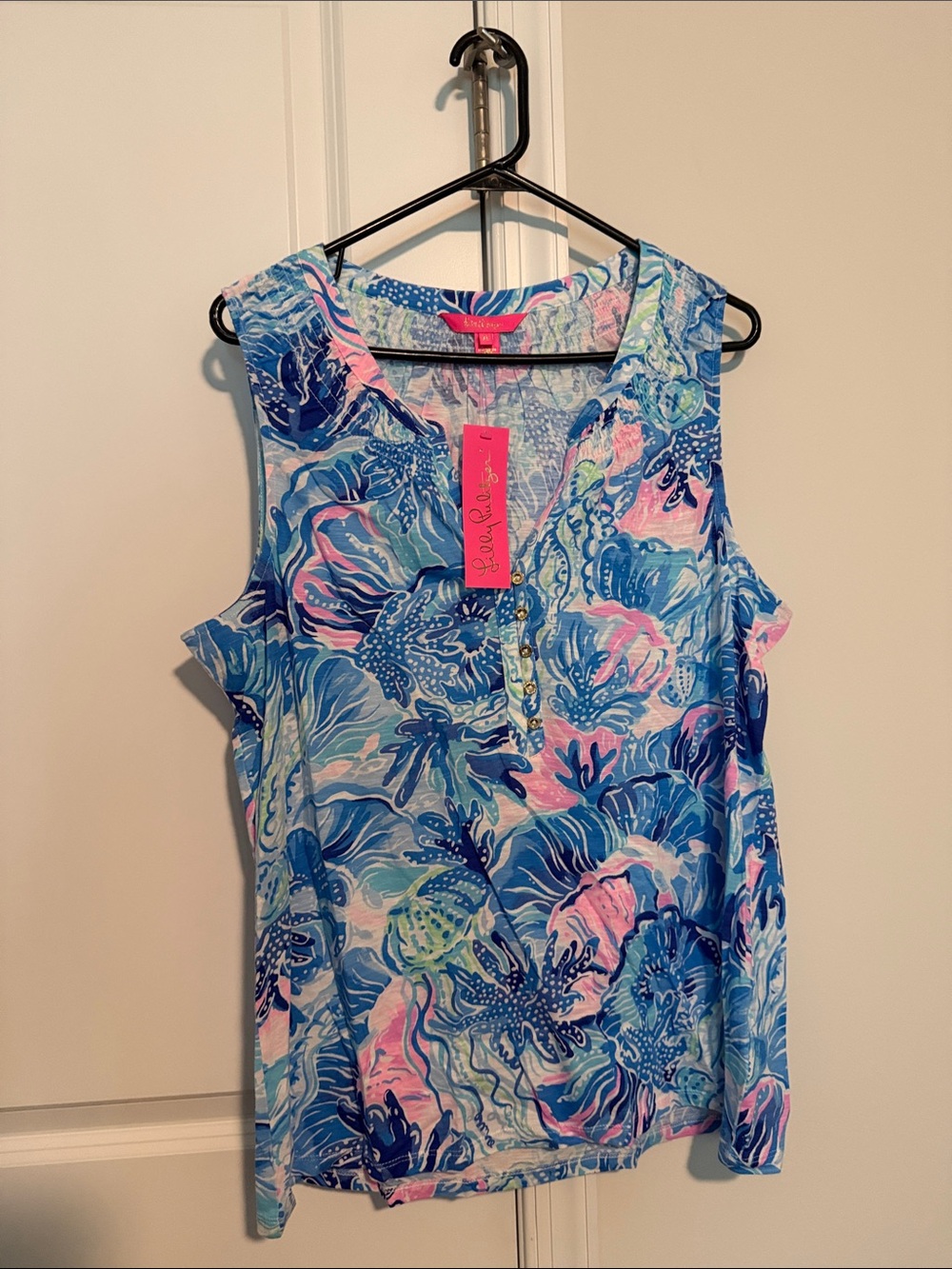Lilly Pulitzer Blue & Pink Floral Henley Tank